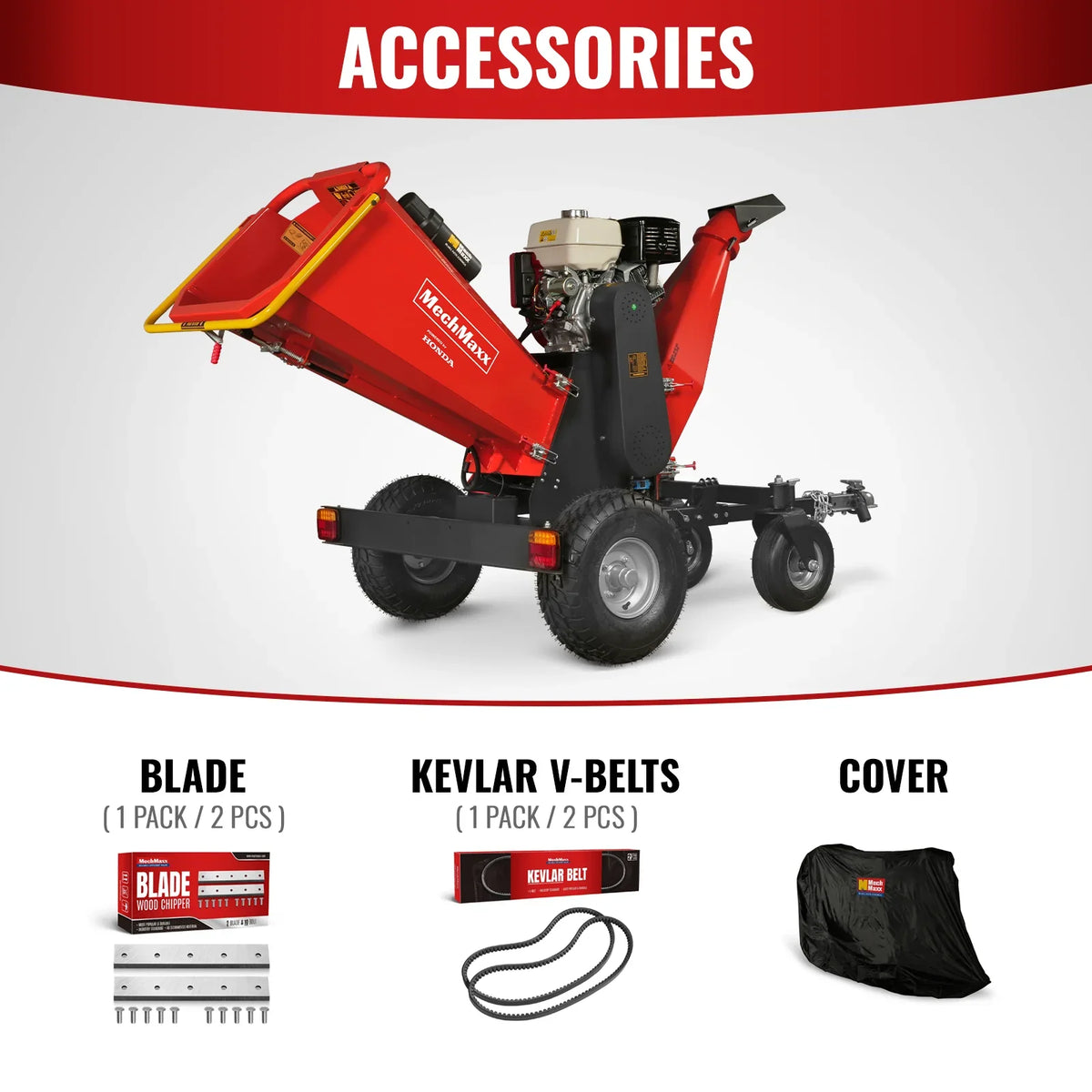 MechMaxx 6 inch HONDA GX390 E-Start Gasoline Engine Powered 4 - Wheel Drum Wood Chipper with Taillight ,  B150
