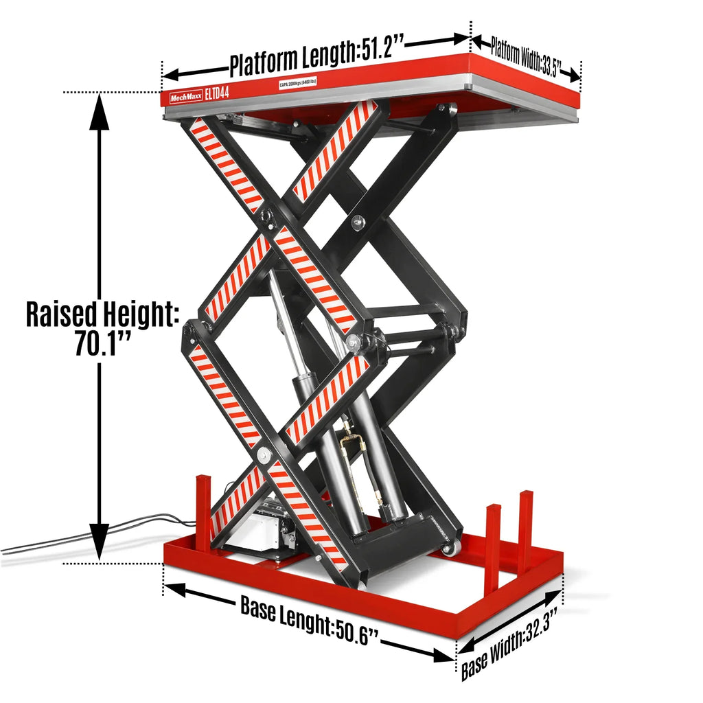 MechMaxx 4400lbs Capacity Stationary Electric Hydraulic Double Scissor Lift Table,  51.2" x 33.5" Platform,  70.1" Lift Height,  UL Certified Motor,  ELTD44