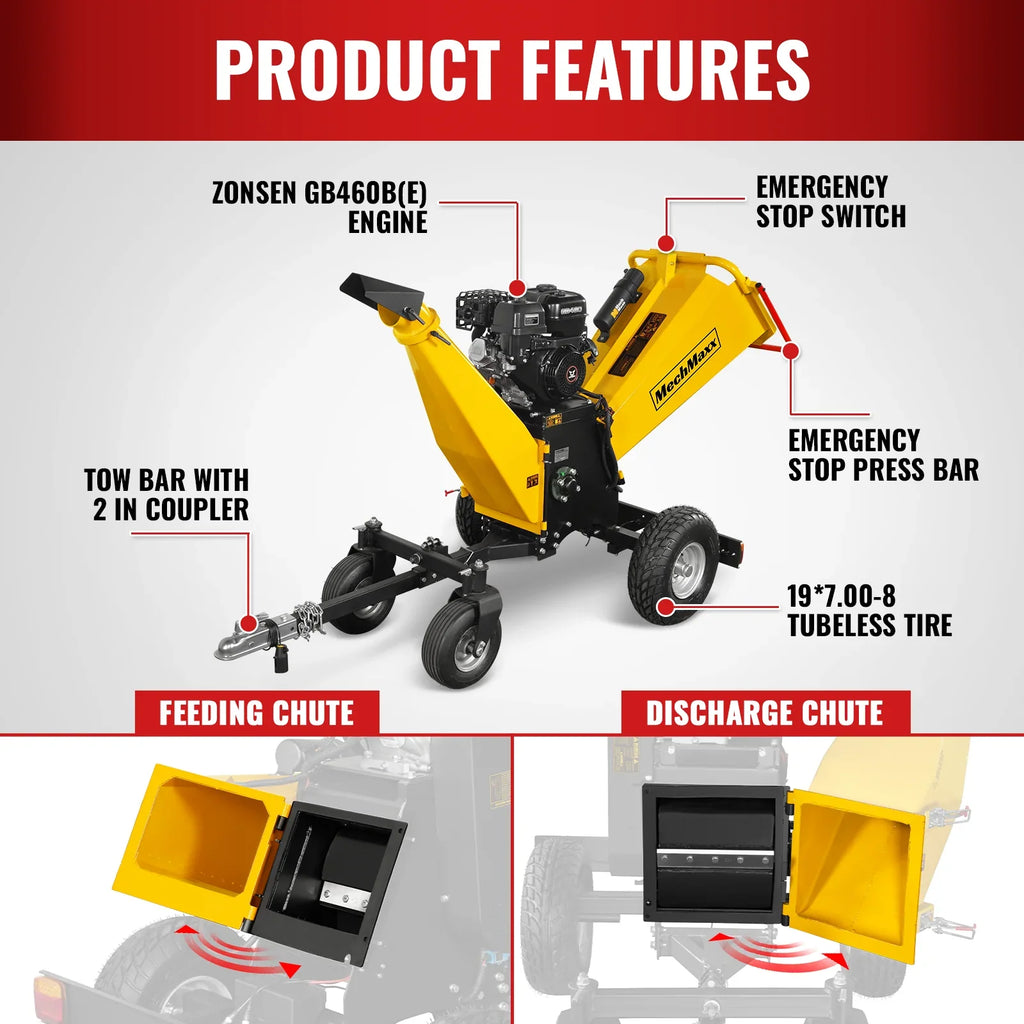 MechMaxx 6 inch E-start Zonsen 459cc 15hp Gas Powered 4 - Wheel Drum Wood Chipper with Taillight ,  B150