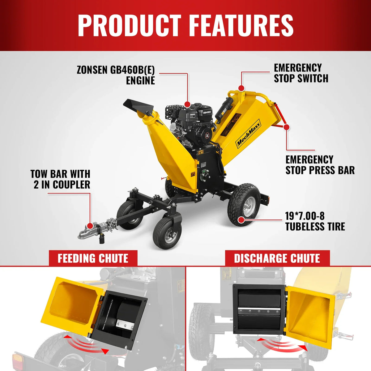 MechMaxx 6 inch E-start Zonsen 459cc 15hp Gas Powered 4 - Wheel Drum Wood Chipper with Taillight ,  B150