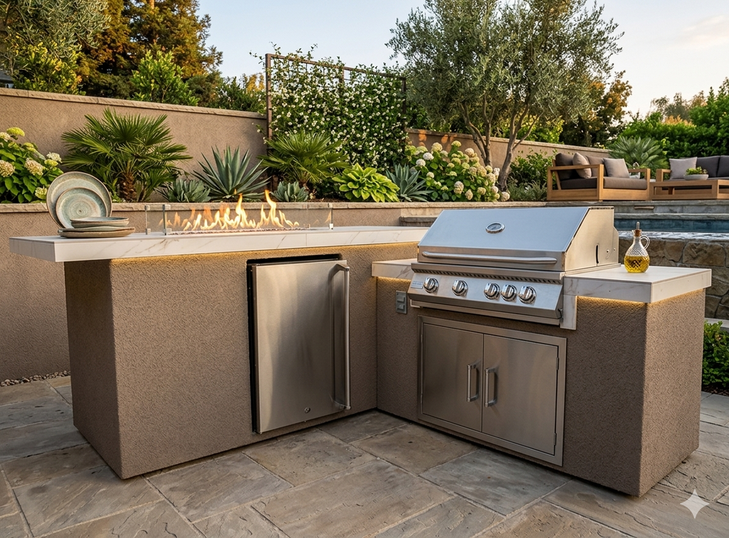 Kokomo Grills Baja BBQ Island with Fire Feature – 32-Inch 4-Burner Gas Grill - Outdoor Kitchen Island