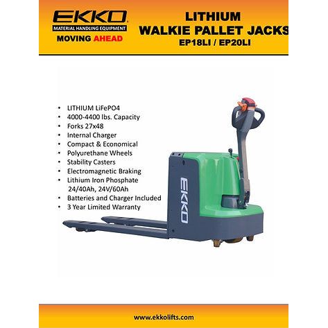 Ekko Electric Walkie Pallet Jack - Lithium Iron Battery - 4000 lbs Capacity - EP18LI