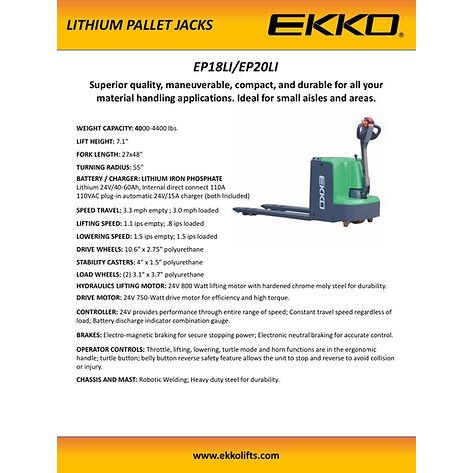 Ekko Electric Walkie Pallet Jack - Lithium Iron Battery - 4000 lbs Capacity - EP18LI