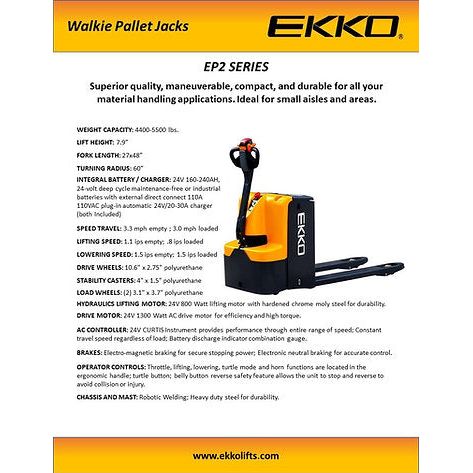 Ekko Electric Walkie Pallet Jack - High Capacity Battery - 4400 lbs Capacity - EP20E