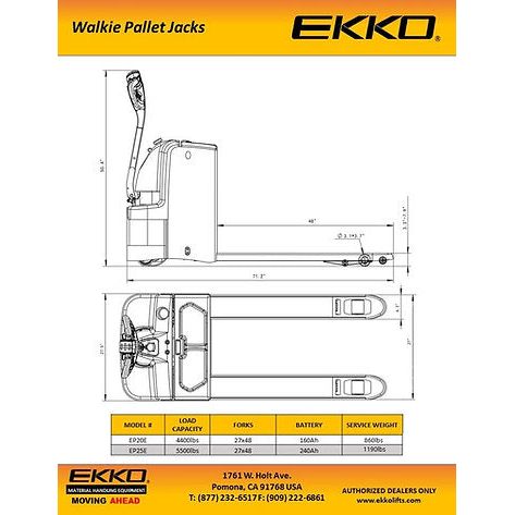 Ekko Electric Walkie Pallet Jack - High Capacity Battery - 4400 lbs Capacity - EP20E