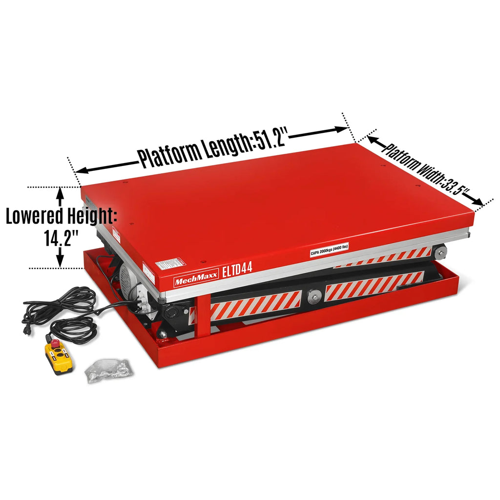 MechMaxx 4400lbs Capacity Stationary Electric Hydraulic Double Scissor Lift Table,  51.2" x 33.5" Platform,  70.1" Lift Height,  UL Certified Motor,  ELTD44
