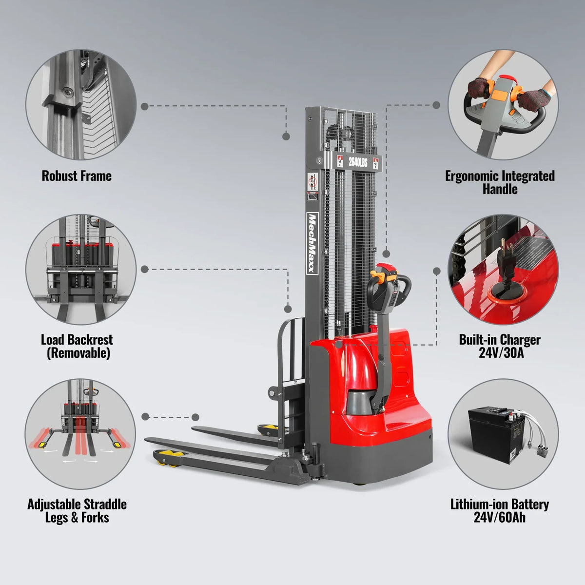 MechMaxx 2640lbs Lithium-ion Electric Straddle Stacker,  118" Lift,  Adjustable Legs & Forks,  F26-118S
