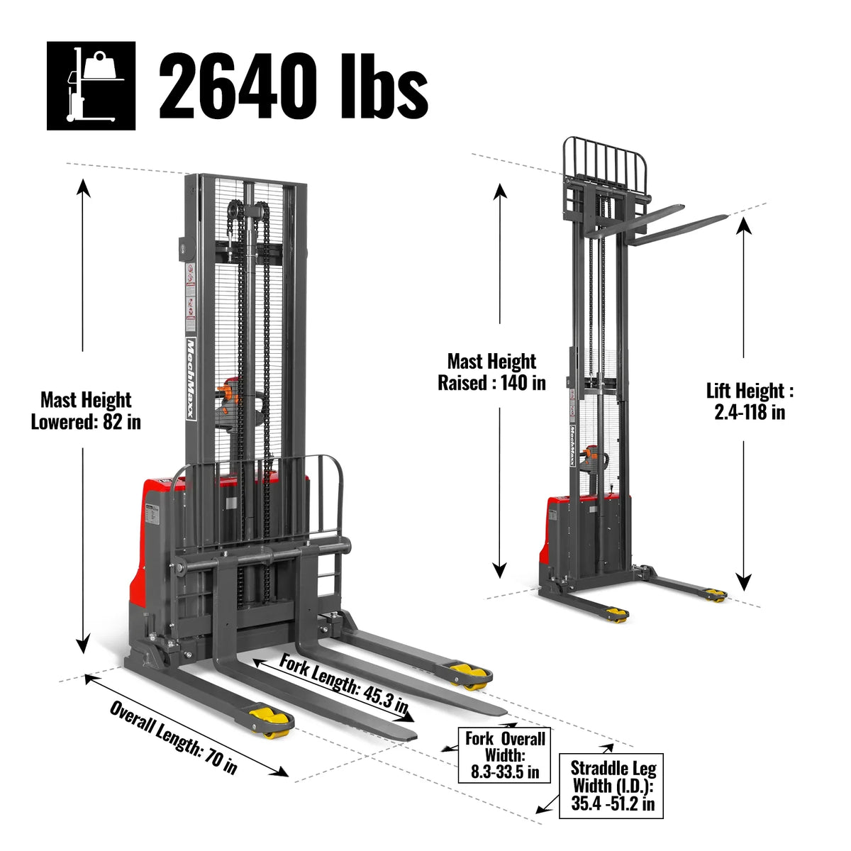 MechMaxx 2640lbs Lithium-ion Electric Straddle Stacker,  118" Lift,  Adjustable Legs & Forks,  F26-118S