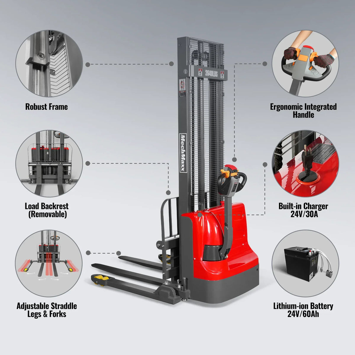 MechMaxx 2640lbs Lithium-ion Electric Straddle Stacker,  138" Lift,  Adjustable Legs & Forks,  F26-138S