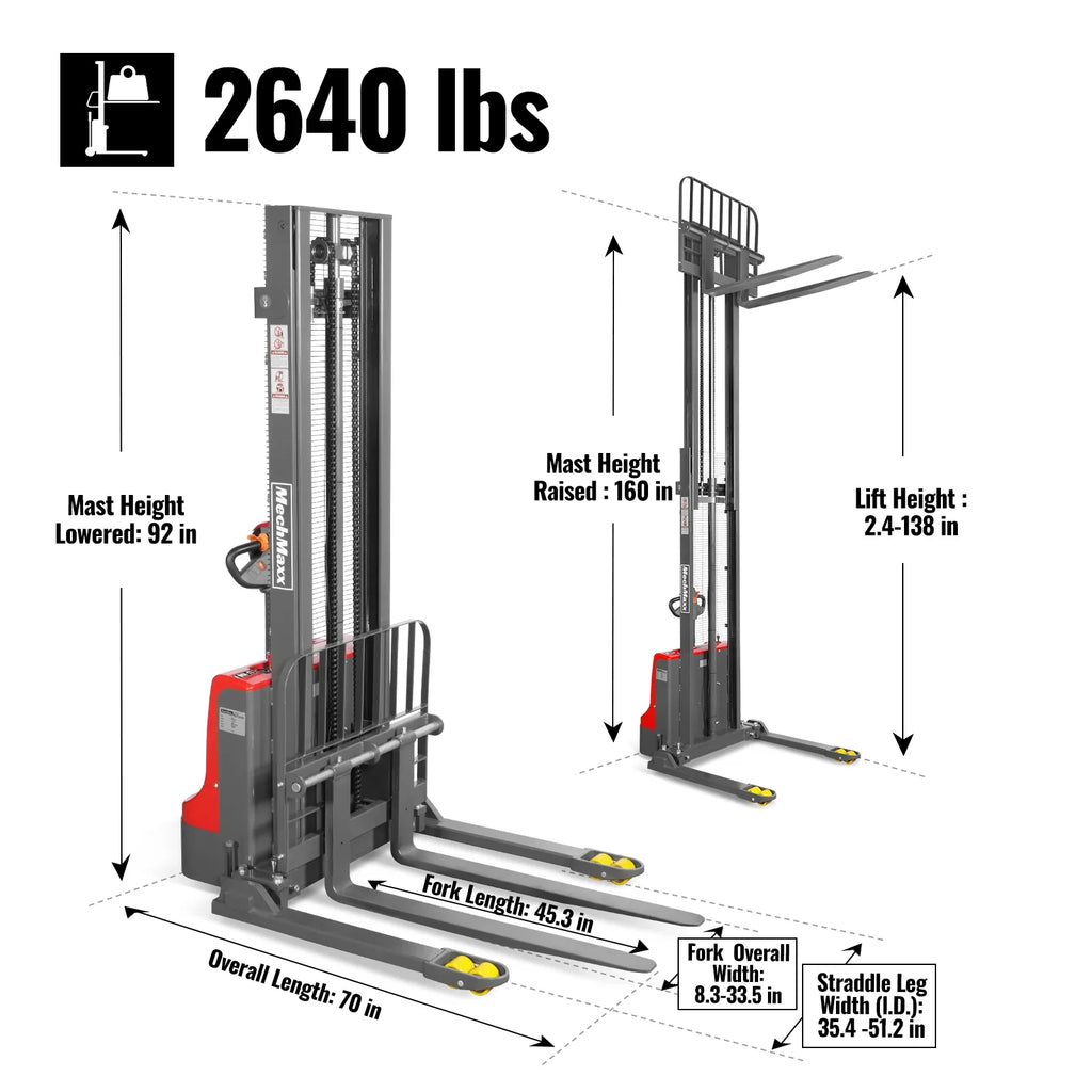 MechMaxx 2640lbs Lithium-ion Electric Straddle Stacker,  138" Lift,  Adjustable Legs & Forks,  F26-138S
