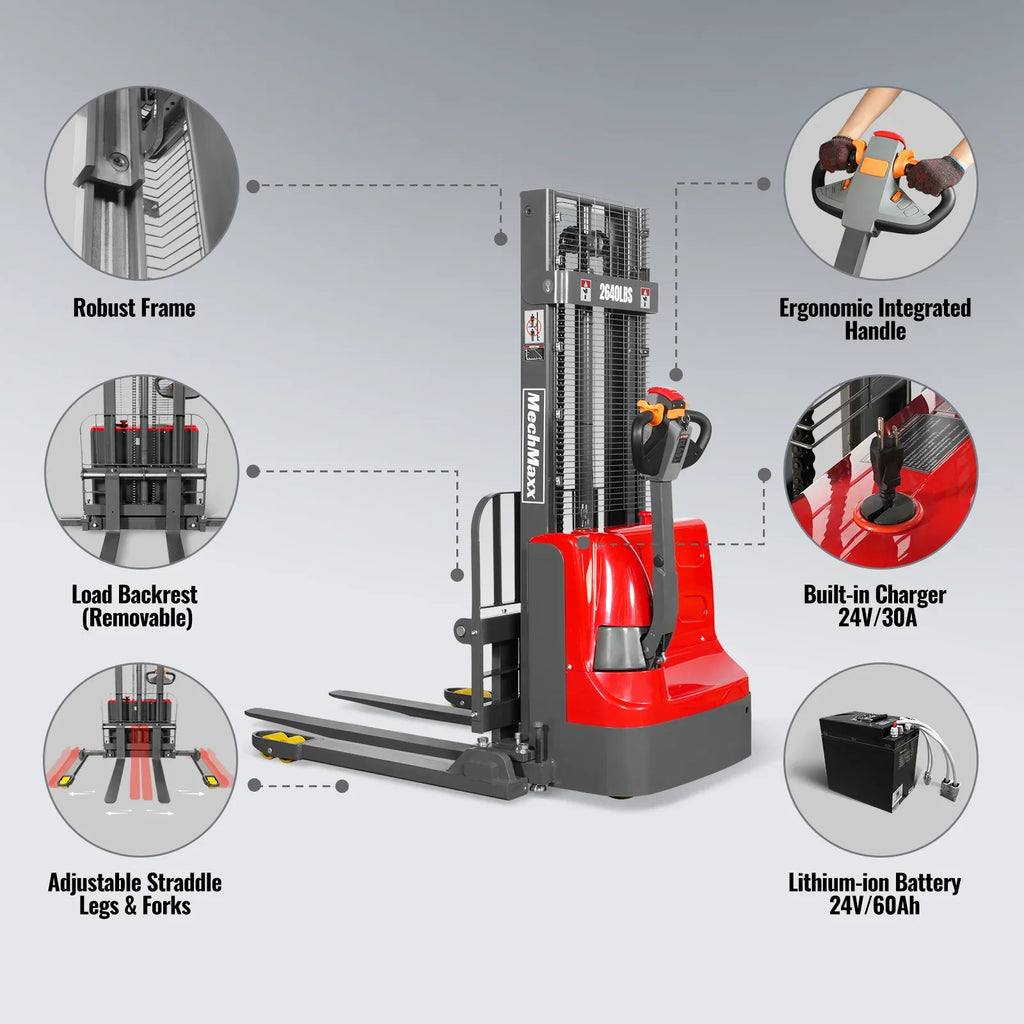 MechMaxx 2640lbs Lithium-ion Electric Straddle Stacker,  98" Lift,  Adjustable Legs & Forks,  F26-98S