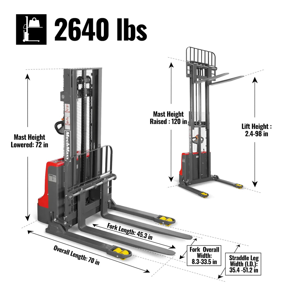 MechMaxx 2640lbs Lithium-ion Electric Straddle Stacker,  98" Lift,  Adjustable Legs & Forks,  F26-98S