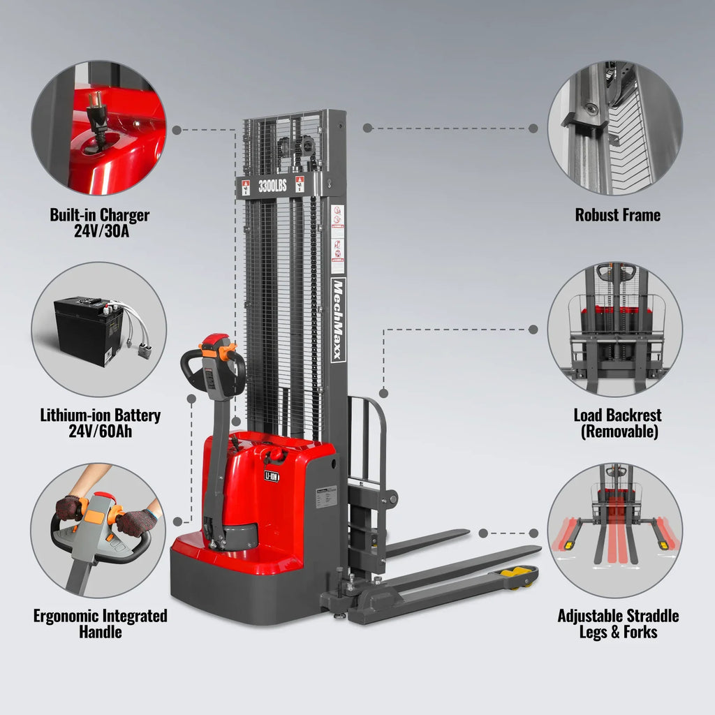 MechMaxx 3300lbs Lithium-ion Electric Straddle Stacker,  118" Lift,  Adjustable Legs & Forks,  F33-118S