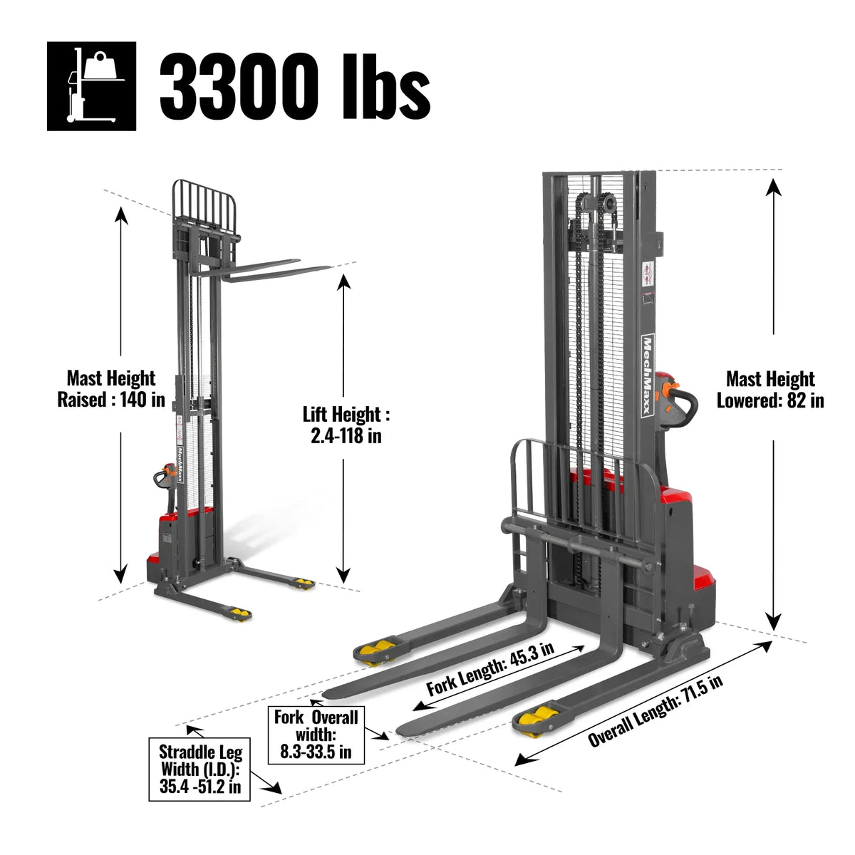 MechMaxx 3300lbs Lithium-ion Electric Straddle Stacker,  118" Lift,  Adjustable Legs & Forks,  F33-118S