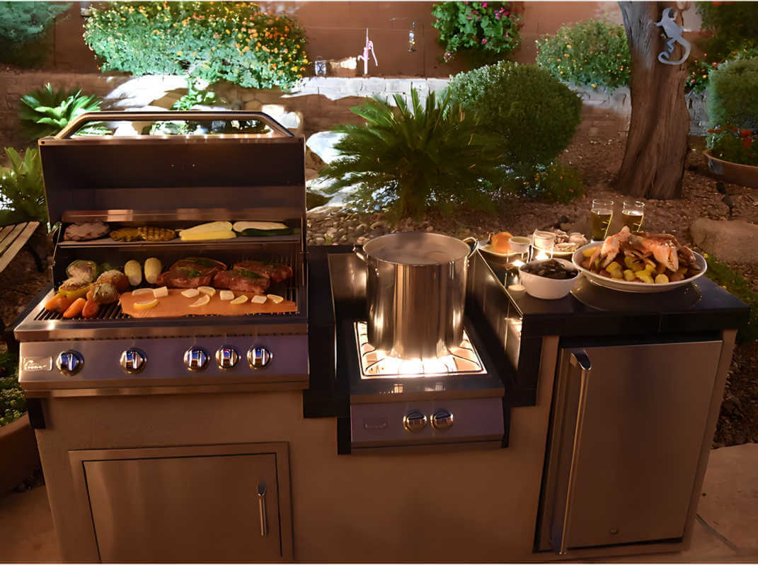 KoKoMo Grills KoKoMo 7 ft. 6 in. Grill Island Package – 32-Inch 4-Burner Gas Grill with Power Burner - Outdoor Kitchen Island