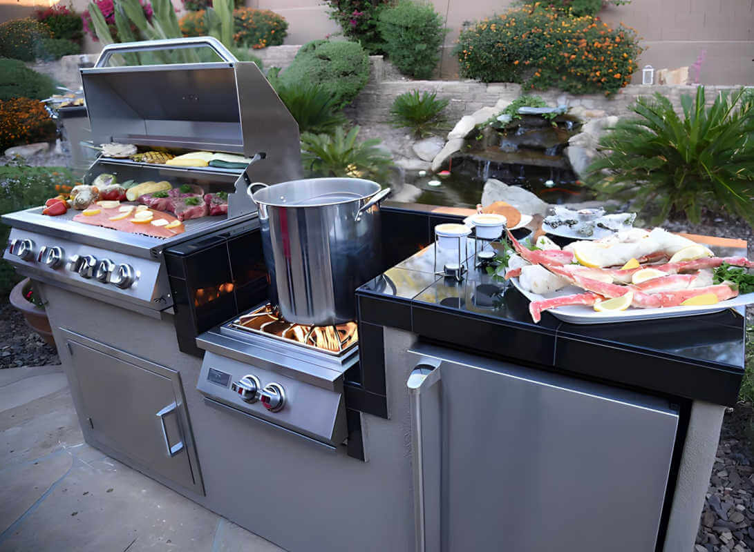 KoKoMo Grills KoKoMo 7 ft. 6 in. Grill Island Package – 32-Inch 4-Burner Gas Grill with Power Burner - Outdoor Kitchen Island