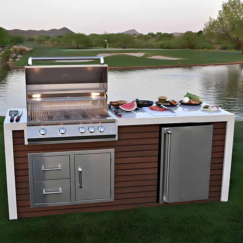 Kokomo Grills Professional Shiplap Outdoor Kitchen Island with Waterfall Edge – 32-Inch 4-Burner Gas Grill