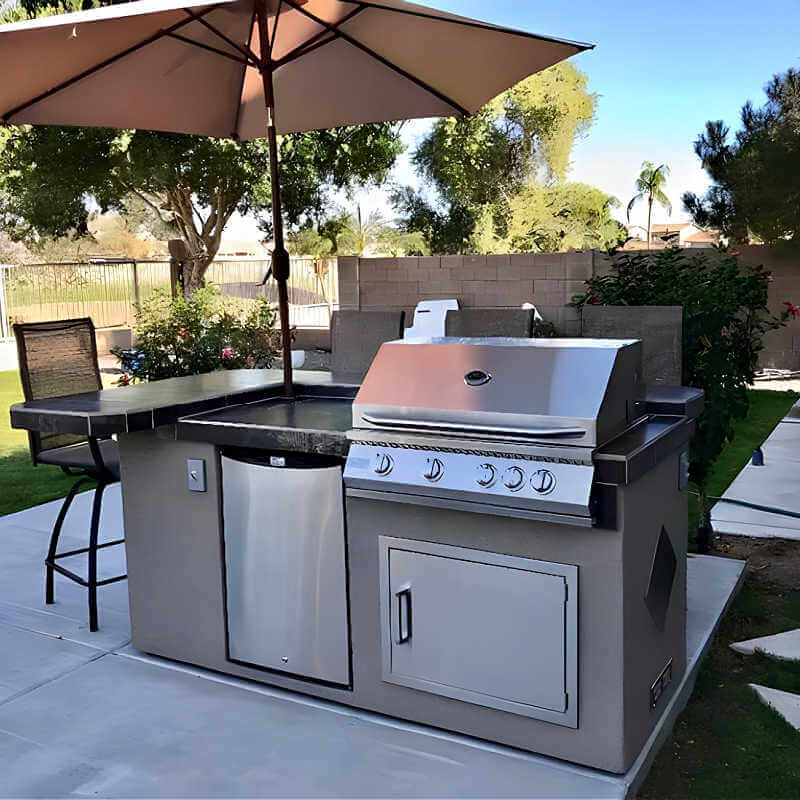 Kokomo Grills St. John BBQ Island – 32-Inch 4-Burner Gas Grill with L-Shaped Bar - Outdoor Kitchen Island