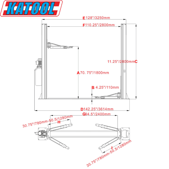 Katool 10,000 lb 2 Post Vehicle Lift - KT-H100 Heavy-Duty Shop Lift