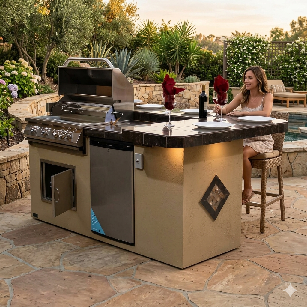 Kokomo Grills St. John BBQ Island – 32-Inch 4-Burner Gas Grill with L-Shaped Bar - Outdoor Kitchen Island