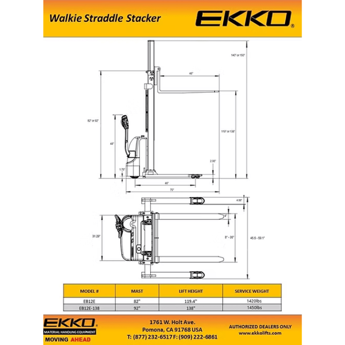 Ekko  Electric Straddle Stacker - 3,000 lb – 145" Max Lift Height - EB12EA