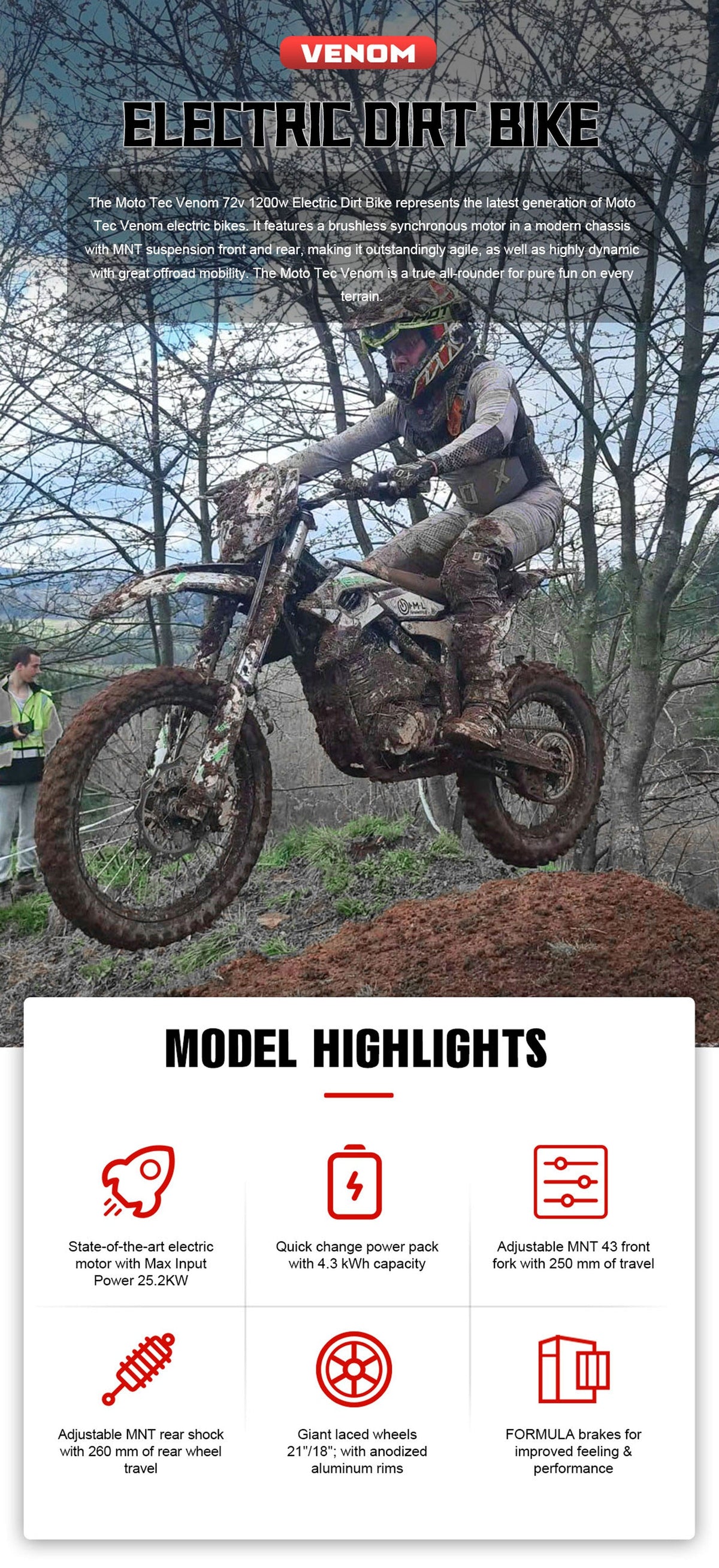MotoTec Venom 72V/50Ah 12,000W Off-Road Electric Dirt Bike