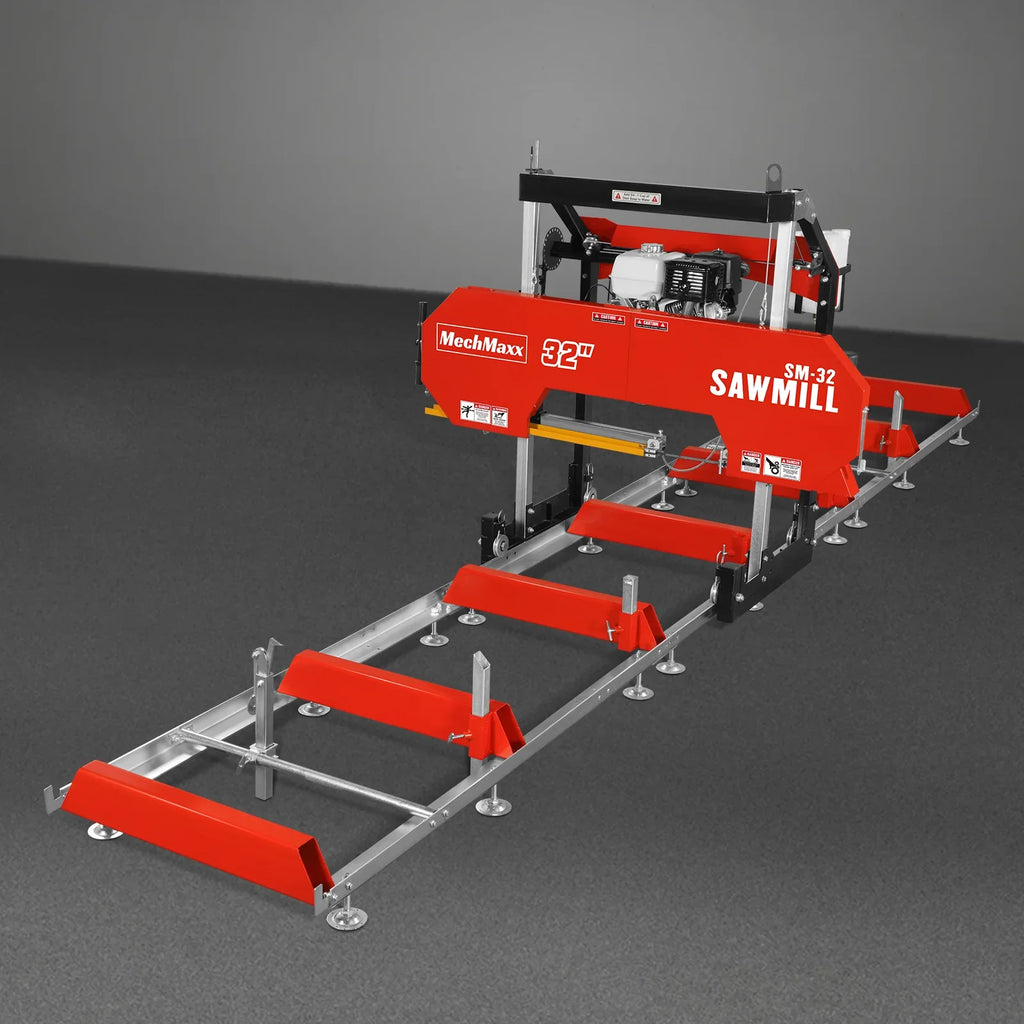 MechMaxx 32" Portable Sawmill , HONDA GX390 389cc E-Start Gasoline Engine, 26.5" Board Width, 20' Track Length (13' Track Length + 6.4' Track Extension Included) , SM-32