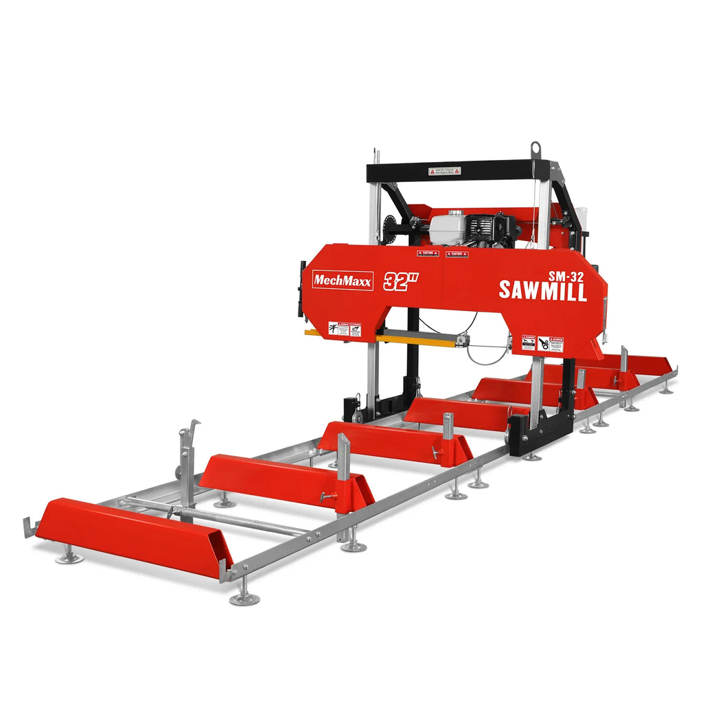 MechMaxx 32" Portable Sawmill , HONDA GX390 389cc E-Start Gasoline Engine, 26.5" Board Width, 20' Track Length (13' Track Length + 6.4' Track Extension Included) , SM-32