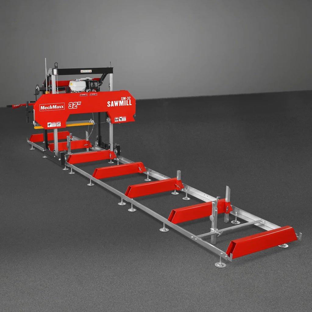 MechMaxx 32" Portable Sawmill , HONDA GX390 389cc E-Start Gasoline Engine, 26.5" Board Width, 20' Track Length (13' Track Length + 6.4' Track Extension Included) , SM-32