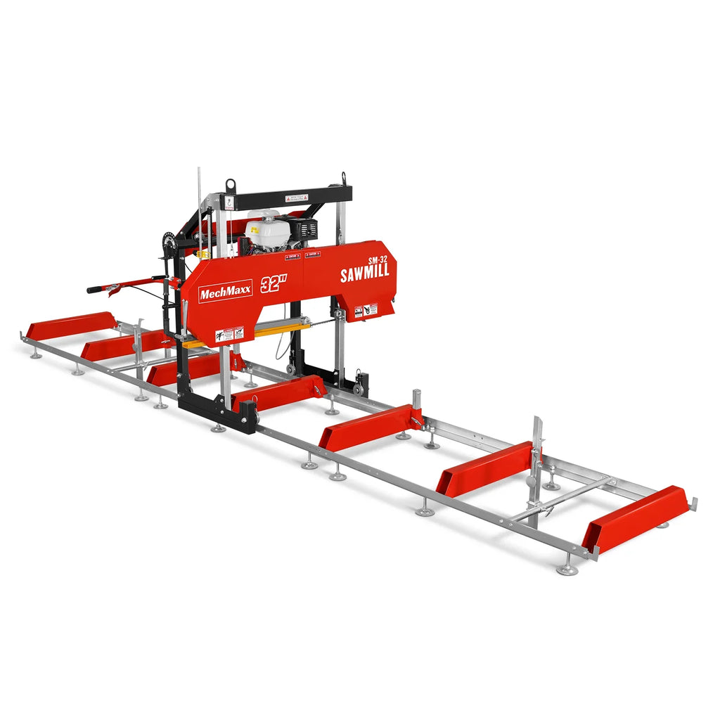 MechMaxx 32" Portable Sawmill , HONDA GX390 389cc E-Start Gasoline Engine, 26.5" Board Width, 20' Track Length (13' Track Length + 6.4' Track Extension Included) , SM-32