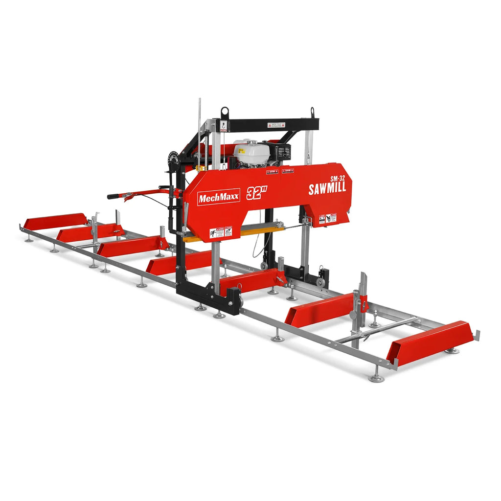 MechMaxx 32" Portable Sawmill , HONDA GX390 389cc E-Start Gasoline Engine, 26.5" Board Width, 20' Track Length (13' Track Length + 6.4' Track Extension Included) , SM-32