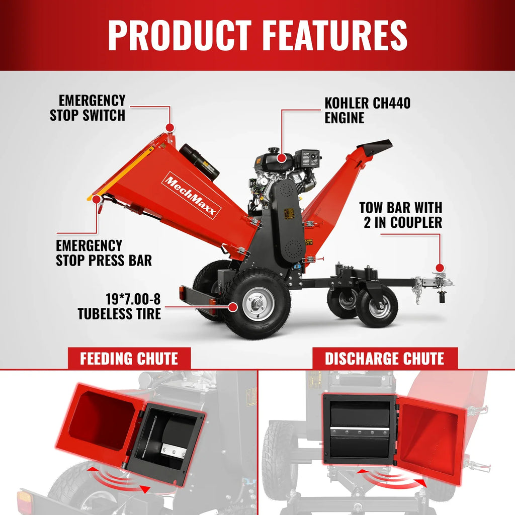MechMaxx 6 inch KOHLER E-Start 429cc 14HP Gas Powered 4 - Wheel Drum Wood Chipper with Taillight ,  B150