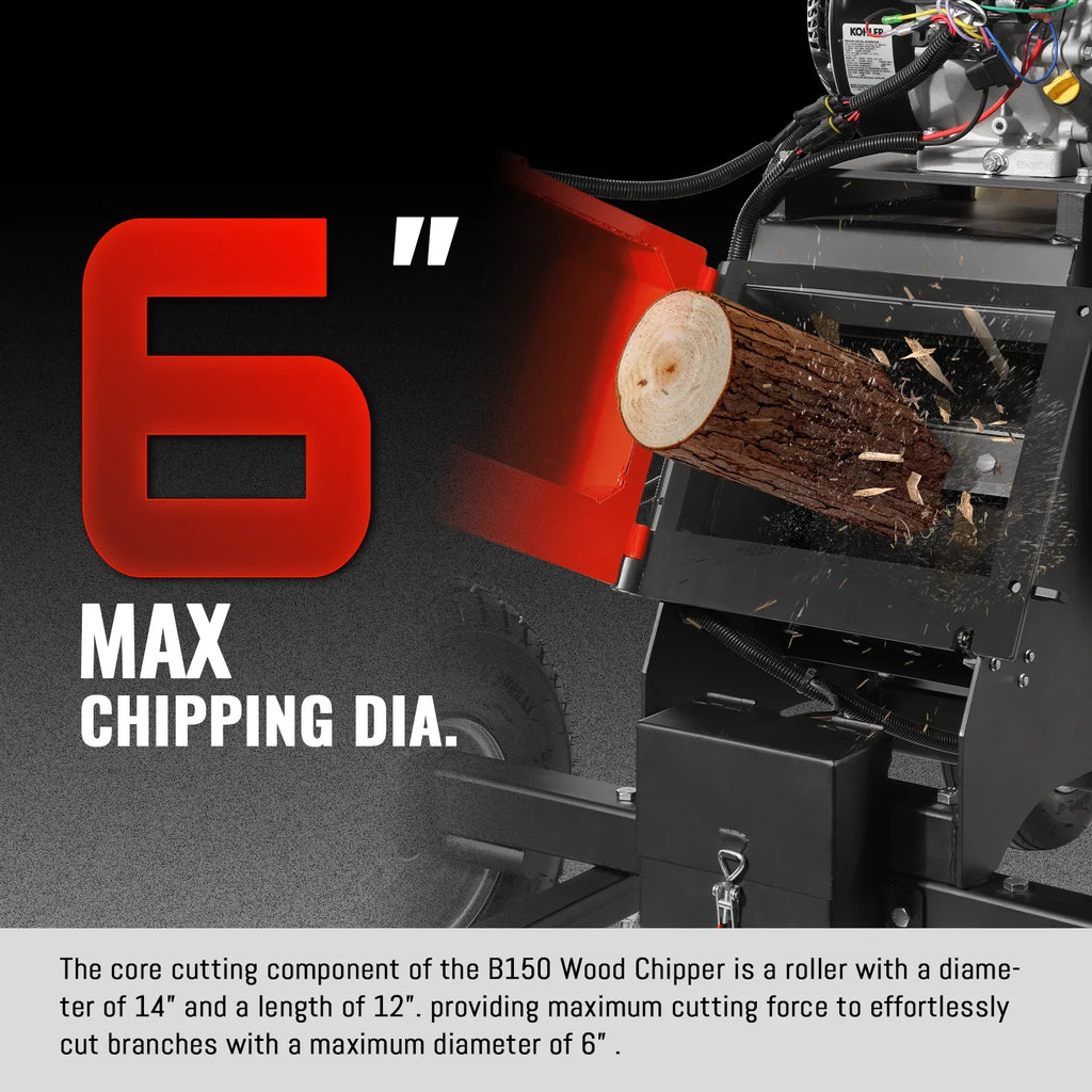 MechMaxx 6 inch KOHLER E-Start 429cc 14HP Gas Powered 4 - Wheel Drum Wood Chipper with Taillight ,  B150