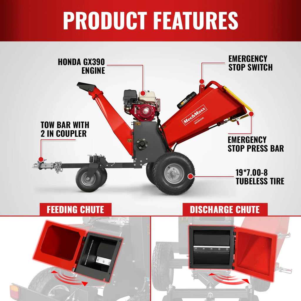 MechMaxx 6 inch HONDA GX390 E-Start Gasoline Engine Powered 4 - Wheel Drum Wood Chipper with Taillight ,  B150