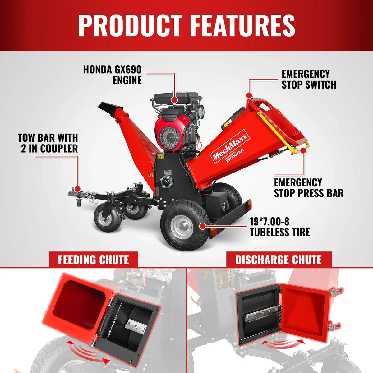 MechMaxx 8 inch HONDA GX690 E-Start 688cc 22hp Gas Powered 4 - Wheel Drum Wood Chipper with Taillight ,  B200